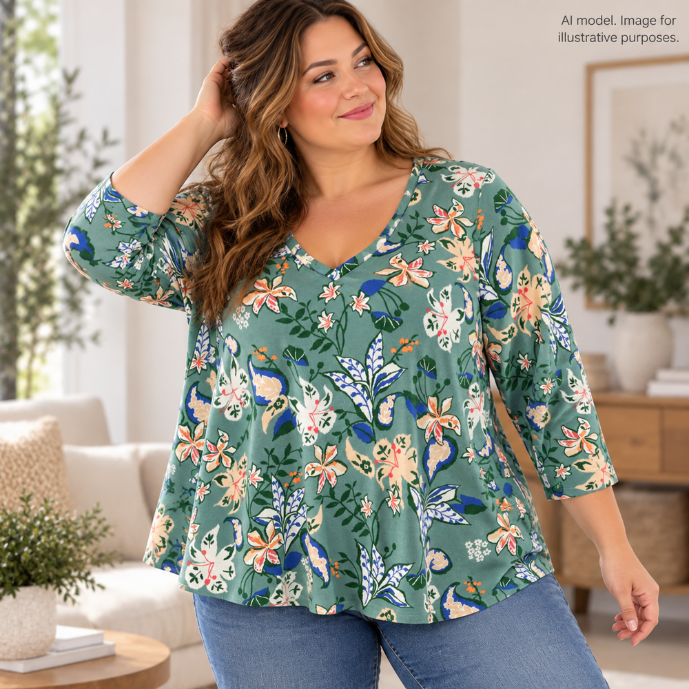 Chicos Shirt 4 Womens XXL Green Floral soft Pima Cotton Boxy Elbow Sleeve V Neck